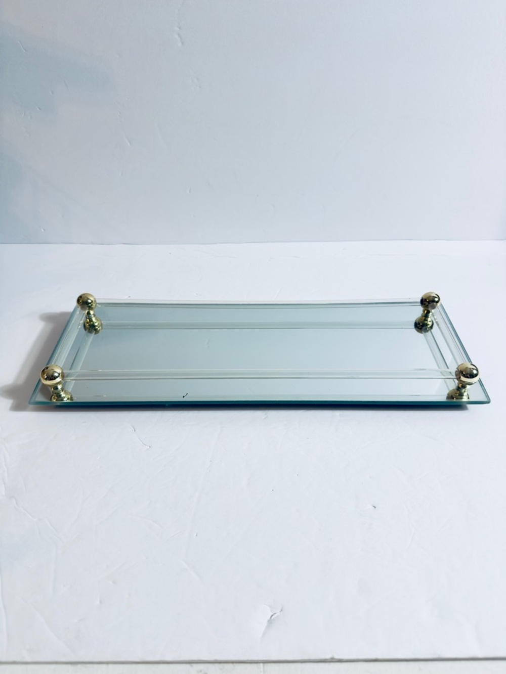 Vintage vanity dresser tray, mirrored base, plastic tube railing brass accents.